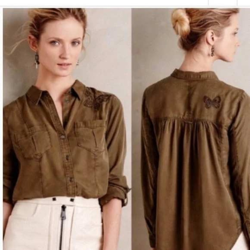 Anthropologie Holding Horses Button Down Shirt Butterfly Embroidered‎ Sz 12 West
